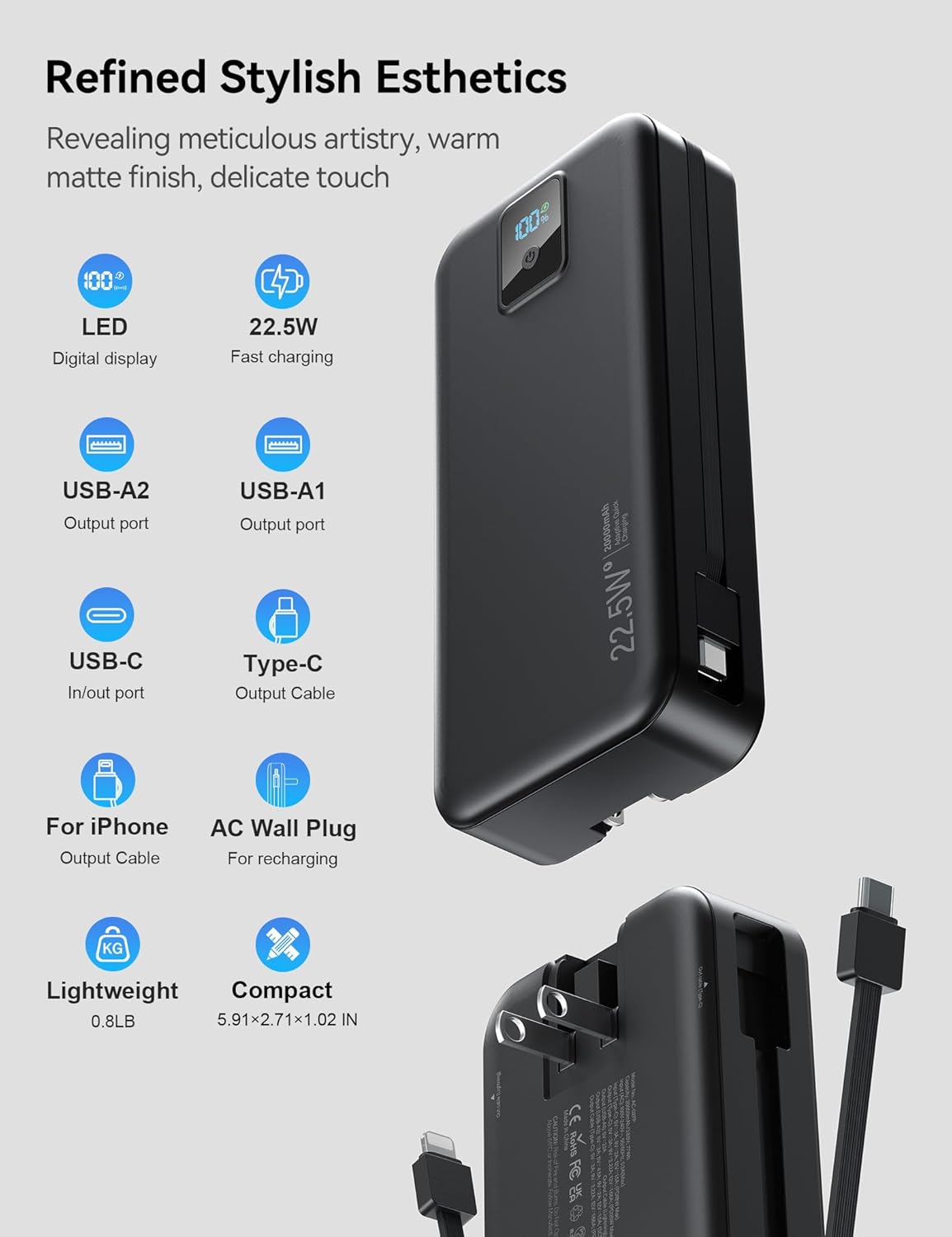 Cargador portátil, Batería externa de 20000 mAh con 22.5W de carga...