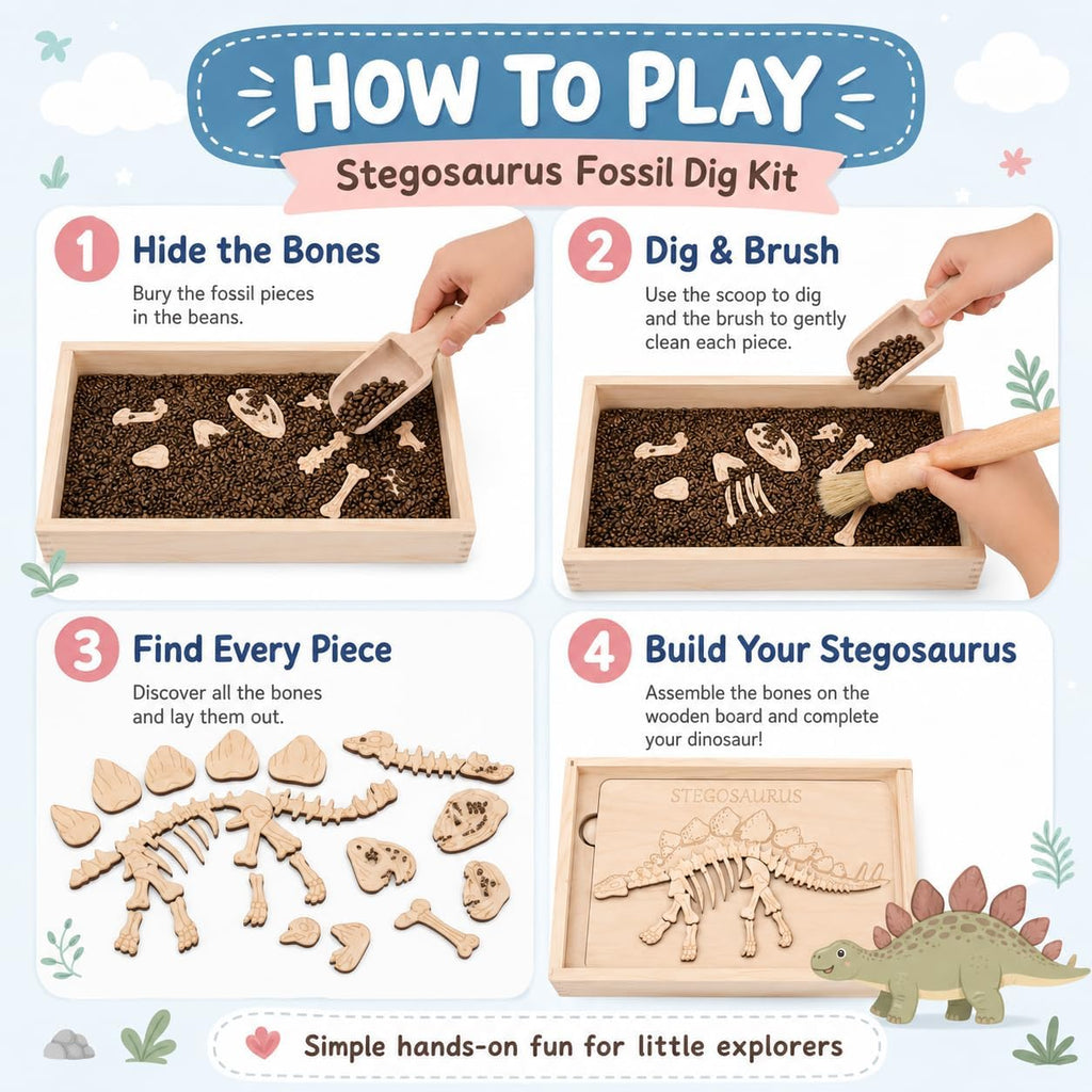 Kit de excavación arqueológica de excavación de dinosaurios, kit de excavación de fósiles para niños, esqueletos de dinosaurios, huesos y rompecabezas con caja de almacenamiento de madera, juguetes STEM para niños y niñas (Stegosaurus)