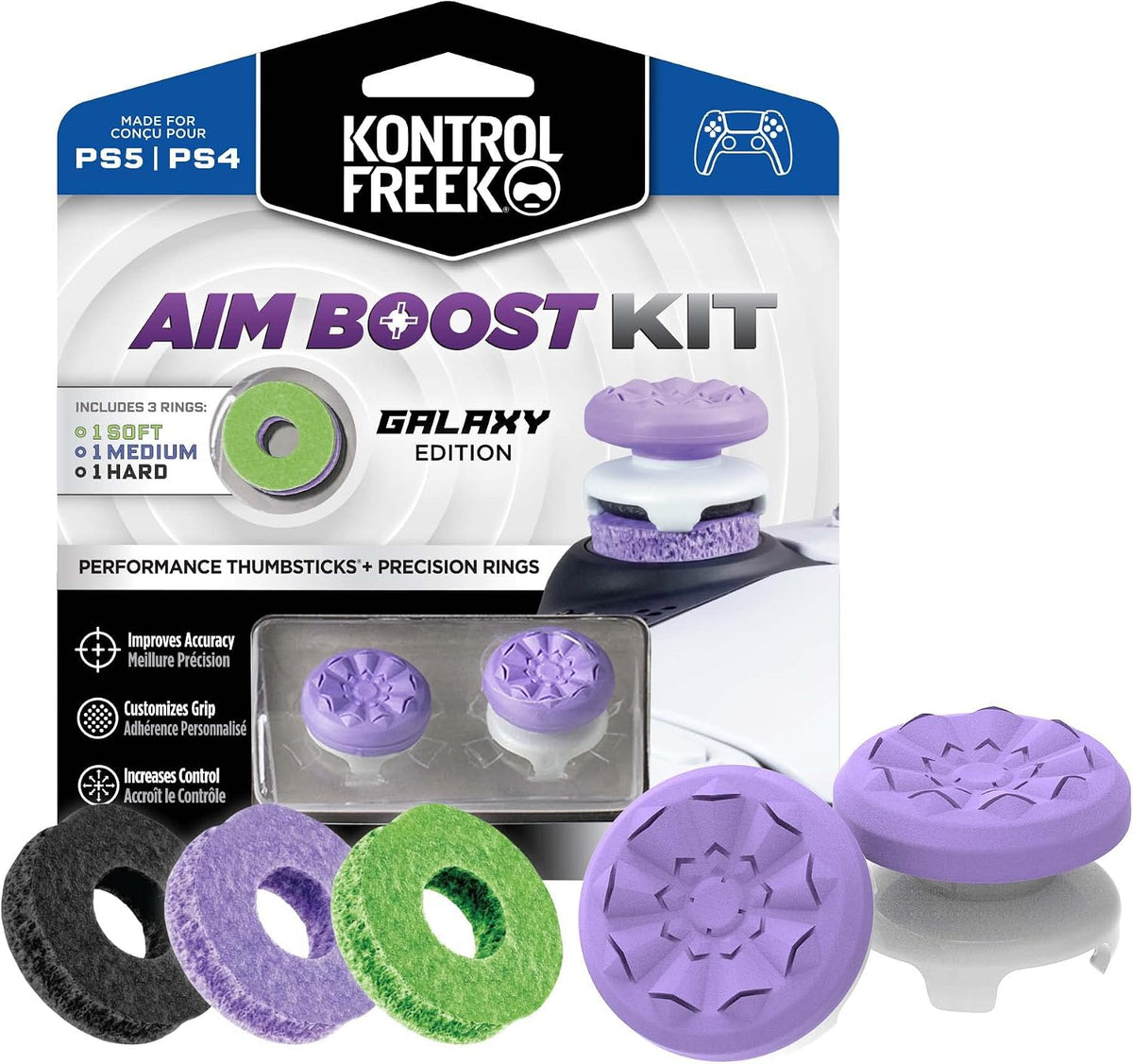 KontrolFreek Kit de Aumento de Mira para Controlador de PlayStation 5 (PS5) y PlayStation 4 (PS4) | Incluye Palancas de Pulgar de Rendimiento y Anillos de Precisión | Edición Galaxy