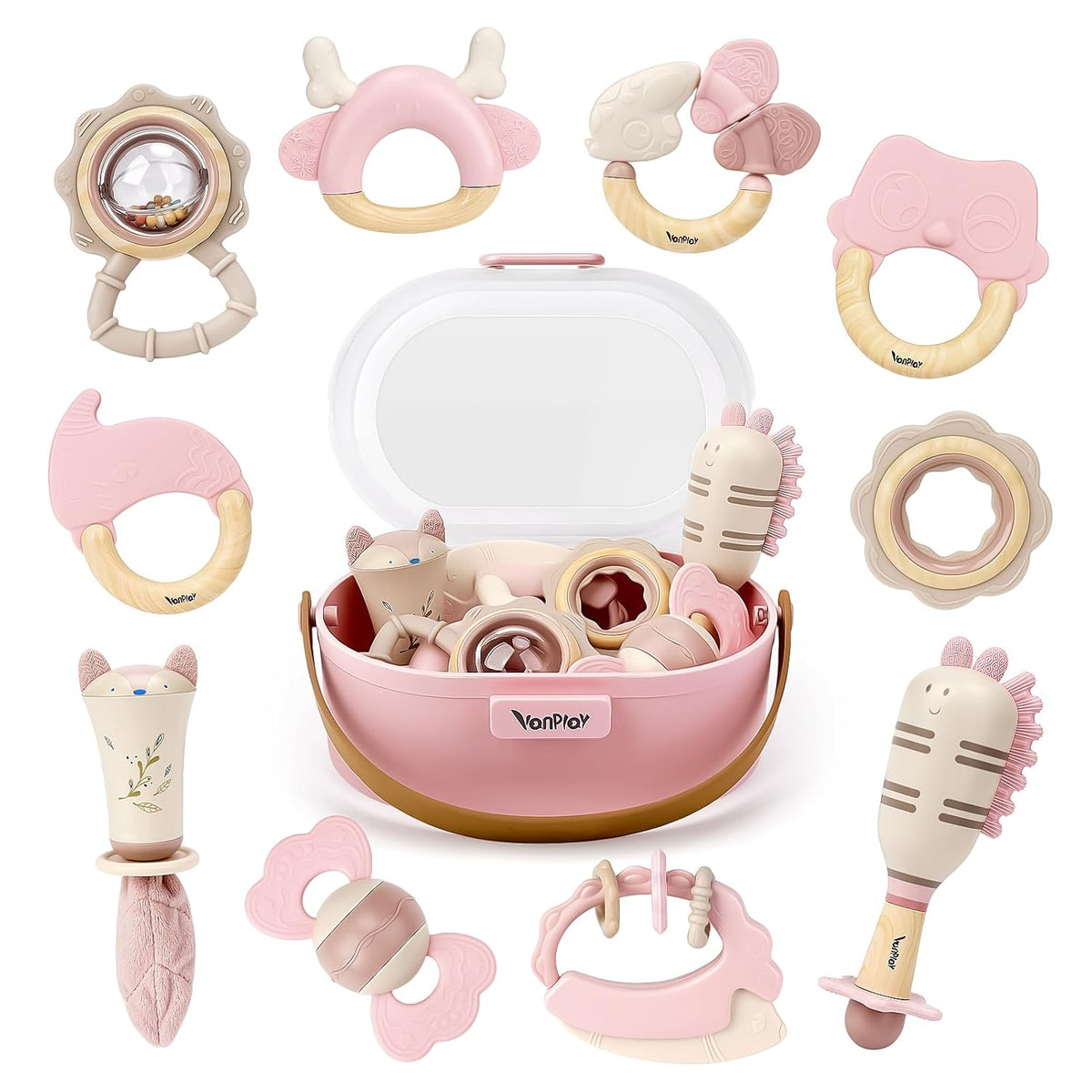 Juguetes para bebés 0-6 meses, sonajeros para bebés, juguetes de dentición 3-6 meses, juguetes para bebés 6-12 meses, 10 piezas de sonajeros y mordedores rosa con caja de almacenamiento, regalo para