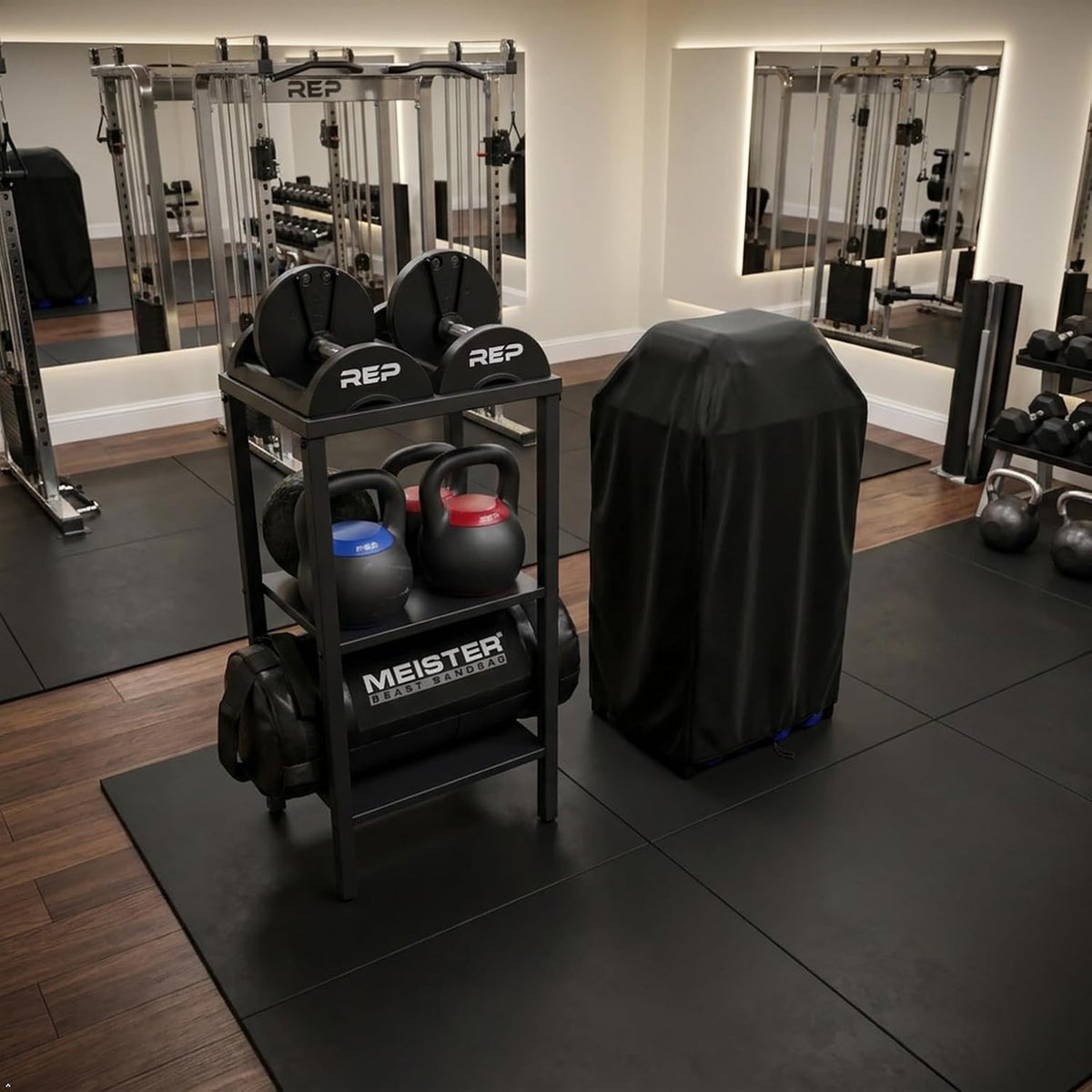 Rack ajustable para mancuernas/kettlebells 500-800LB de alta resistencia con cubierta Opt