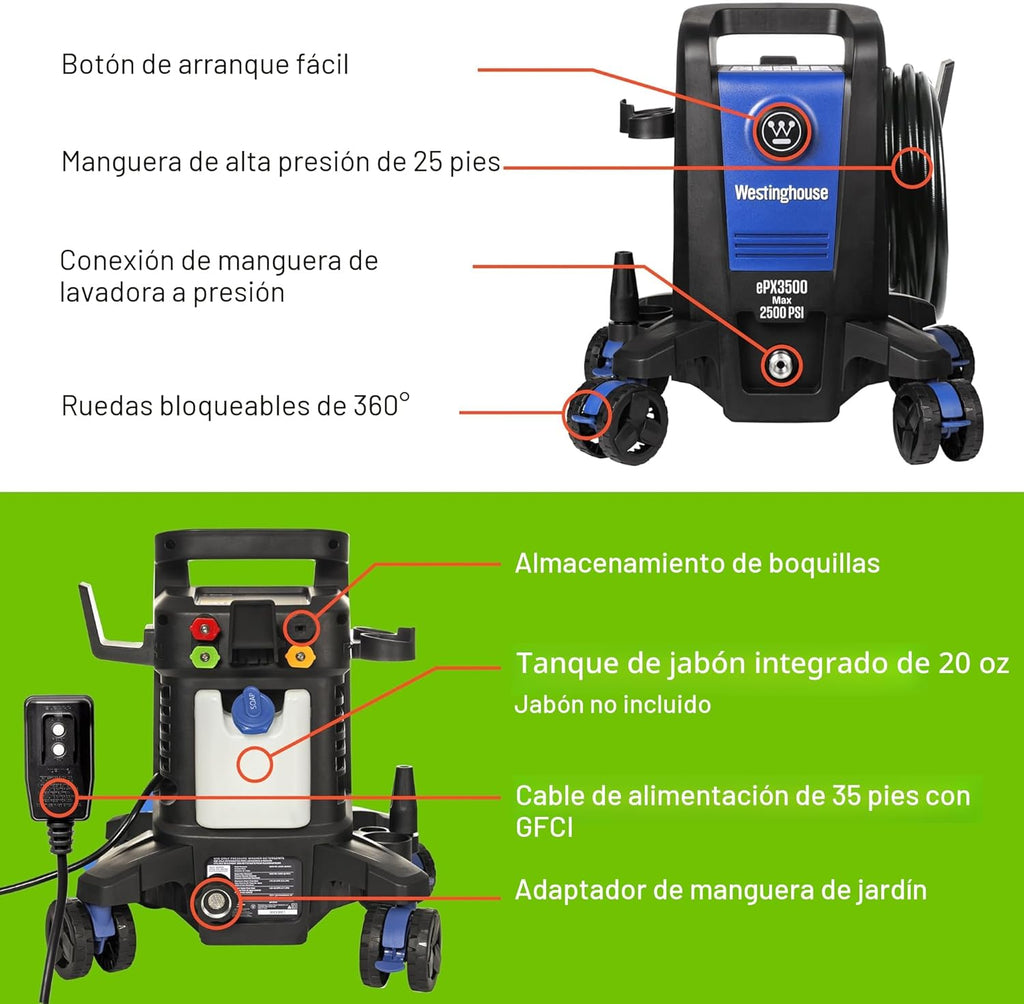 Westinghouse ePX3500 - Lavadora a presión eléctrica, 2500 PSI máx. 1.76 GPM máximo con tecnología antivuelco, tanque de jabón a bordo, varita de acero profesional, juego de 5 boquillas, para coches