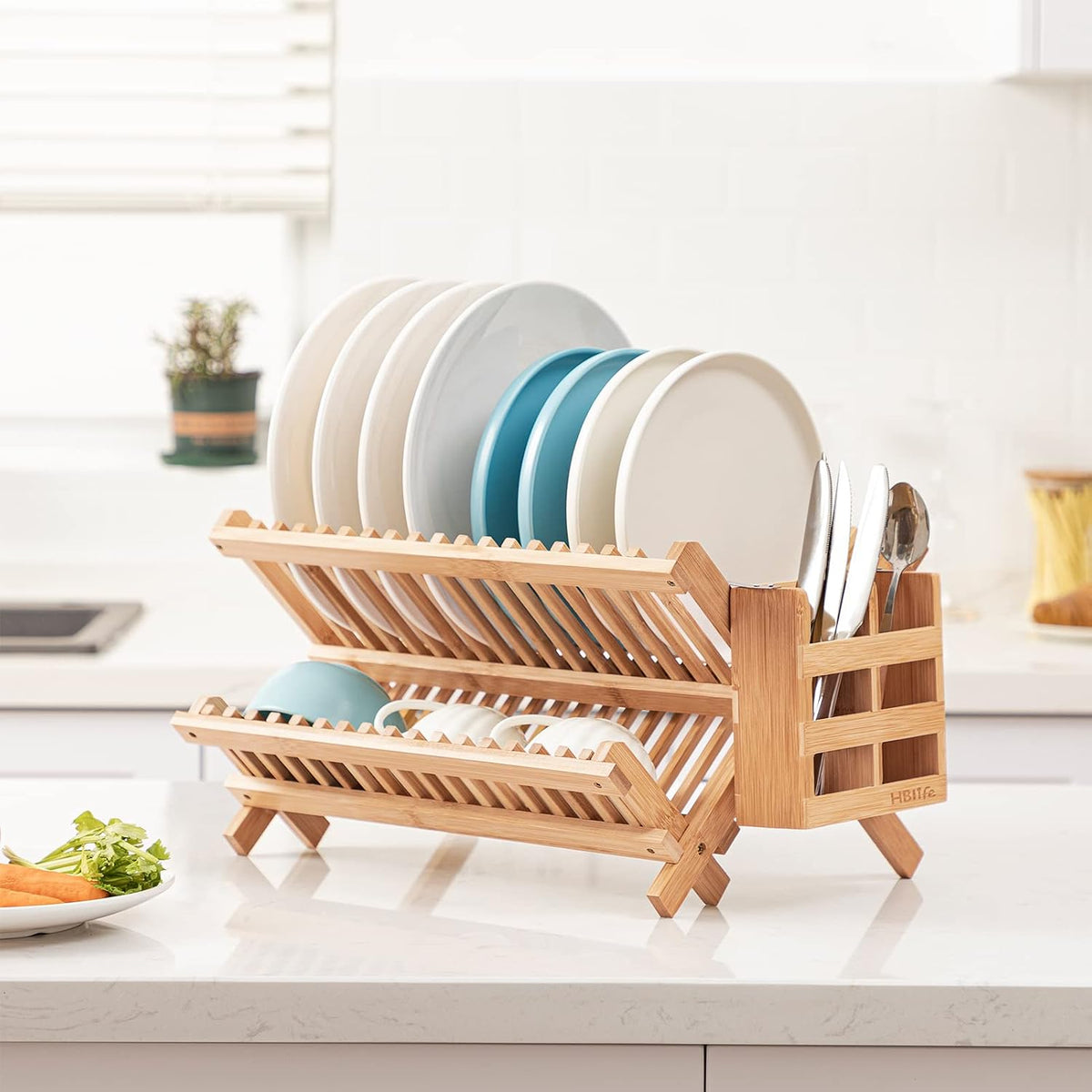 HBlife Escurreplatos de Bambú, Plegable de 2 Niveles, Collapsible, con Soporte para Utensilios de Cocina (Estante para Platos con Soporte para Utensilios)