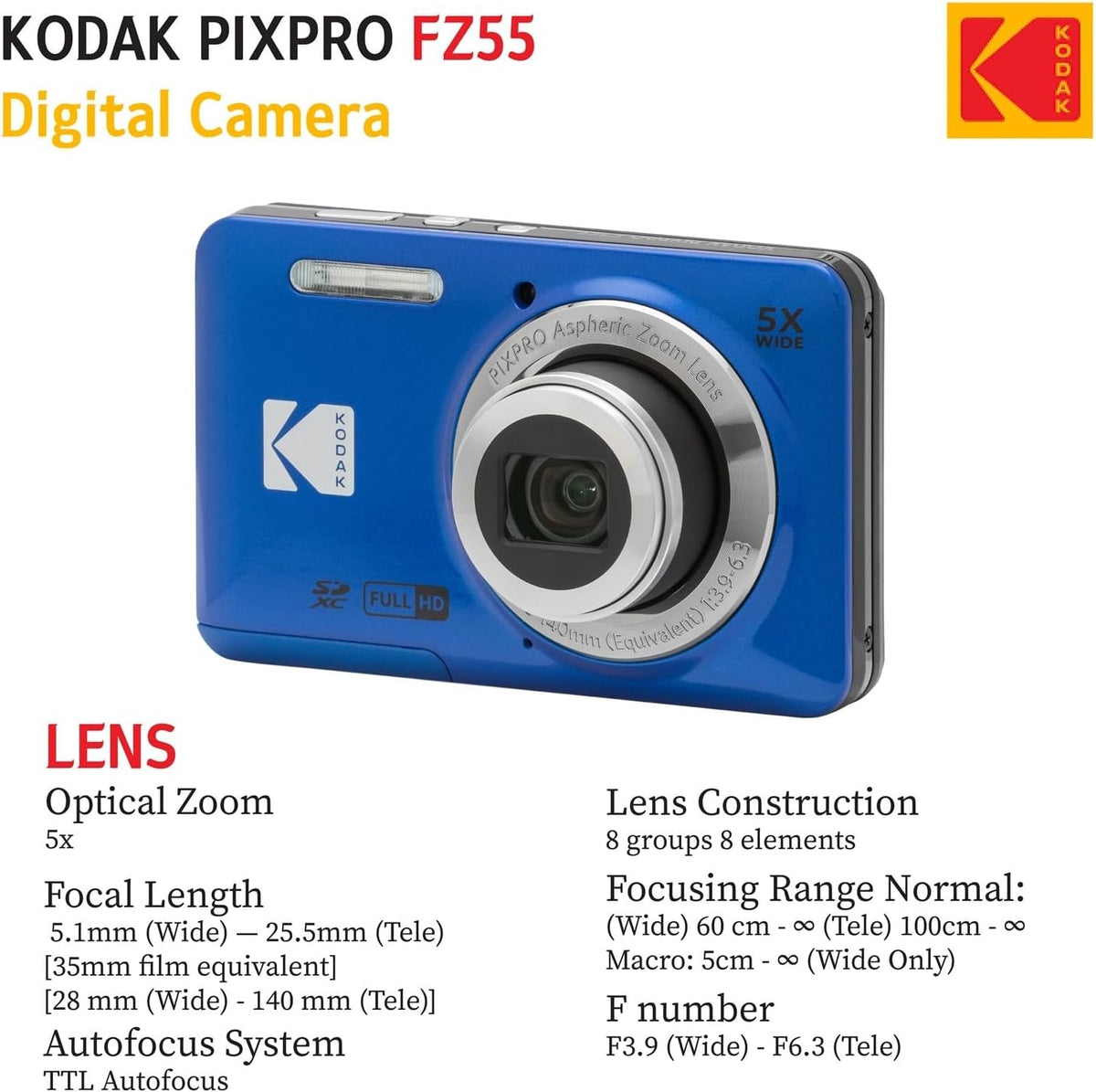 KODAK PIXPRO FZ55 cámara digital de punto y disparo de 16 Mp, zoom óptico 5X, Azul