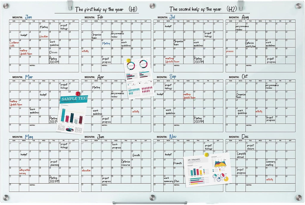 Pizarra blanca con calendario de cristal, 72 x 48 pulgadas