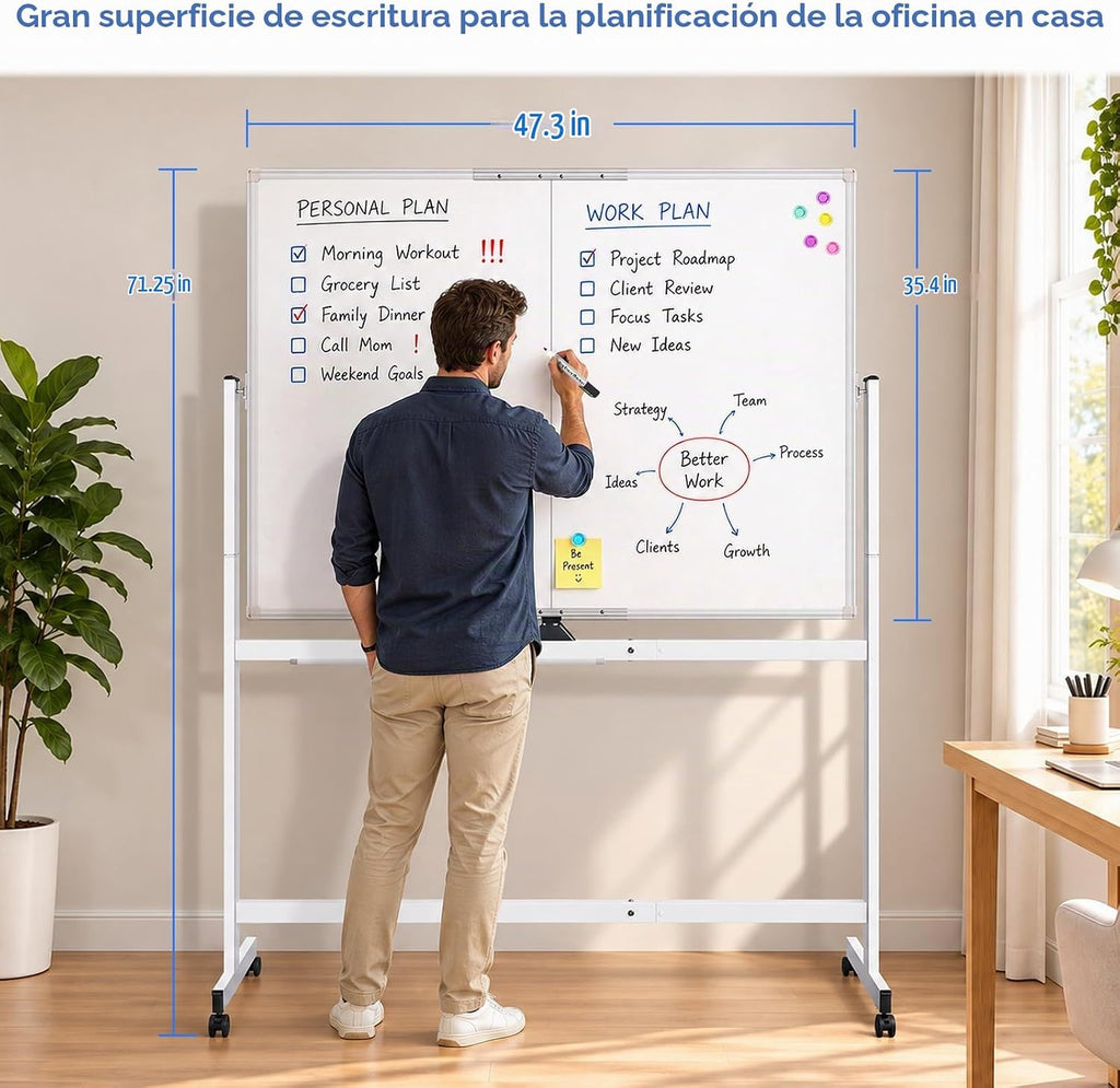 maxtek Pizarra blanca con ruedas, pizarra blanca magnética grande de 48 x 36 pulgadas con soportes, pizarra blanca grande de doble cara de borrado en seco sobre ruedas para escuela en casa, oficina en