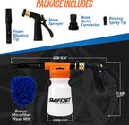 SwiftJet Pistola de espuma para lavado de autos + guante de lavado de microfibra, cañón de espuma que funciona con cualquier jabón, rociador de espuma para manguera de jardín, kit de lavado de autos, accesorios de automóvil (pistola de espuma naranja con