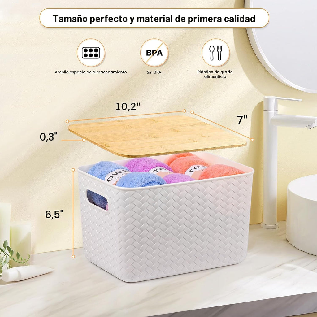 Ohmlove Paquete de 4 contenedores de almacenamiento con tapas de bambú, contenedores de almacenamiento de plástico con tapas, caja de almacenamiento apilable: cestas de almacenamiento para organizar