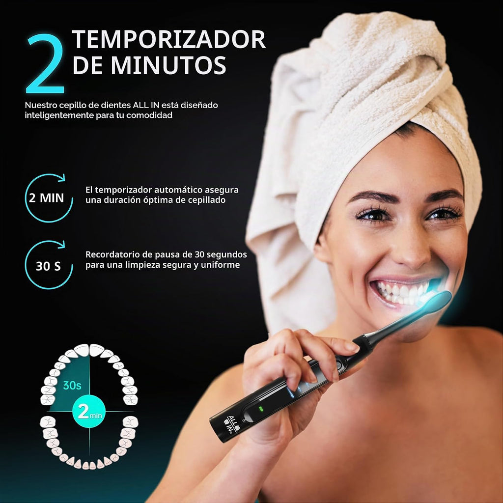 ALL IN - Cepillo de dientes eléctrico sónico LED para adultos, luz LED azul + roja, 4 modos, cerdas suaves, temporizador de 2 minutos, sin BPA
