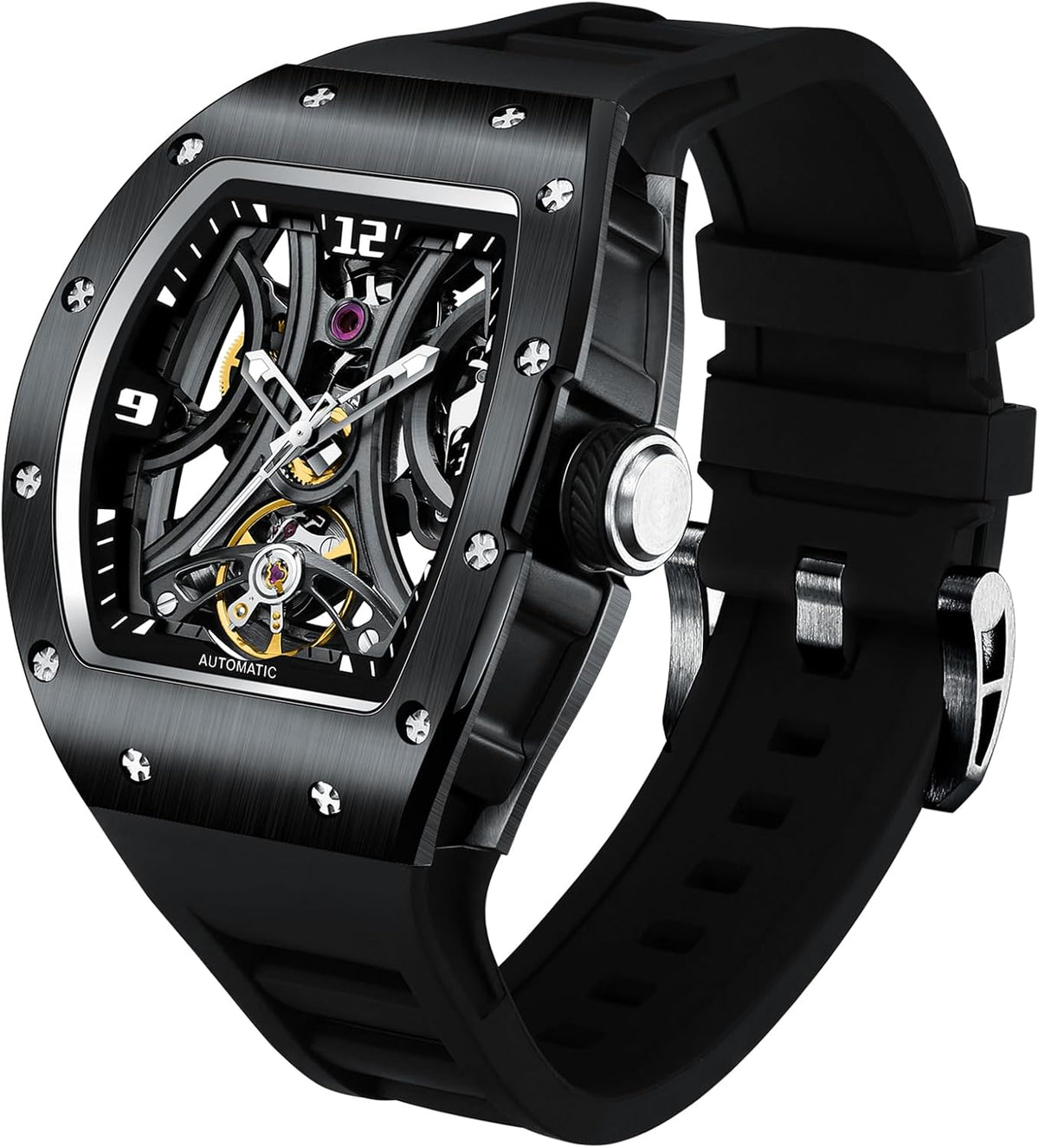 Paras Crown Relojes Automáticos para Hombre Caja de Acero Correa de Silicona Analógico 30M Resistente al Agua Reloj Mecánico Relojes de Moda para Hombre Relojes De Hombre