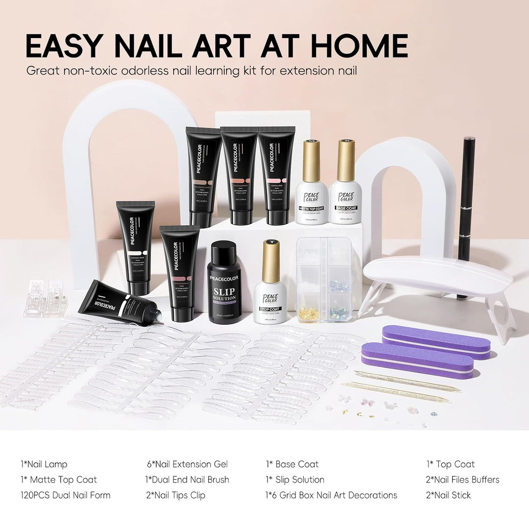 PEACECOLOR Kit de uñas de polygel de 24 piezas con luz UV, 6 colore...