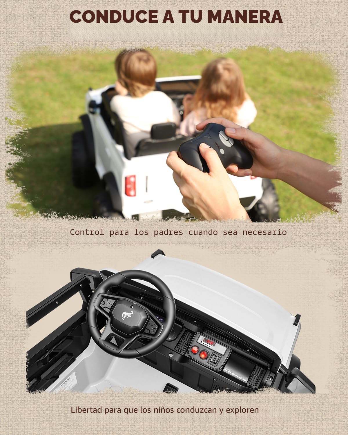 First Ride On Auto de 24 V y 2 plazas para niños, base Ford Bronco con licencia con control remoto, camión eléctrico con Bluetooth, LED, cinturones de seguridad y diseño espacioso (blanco)