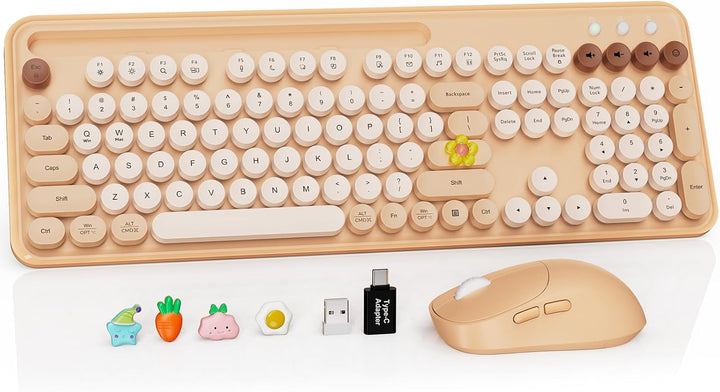 Combo de teclado y mouse inalámbricos, teclas redondas retro, tecla...
