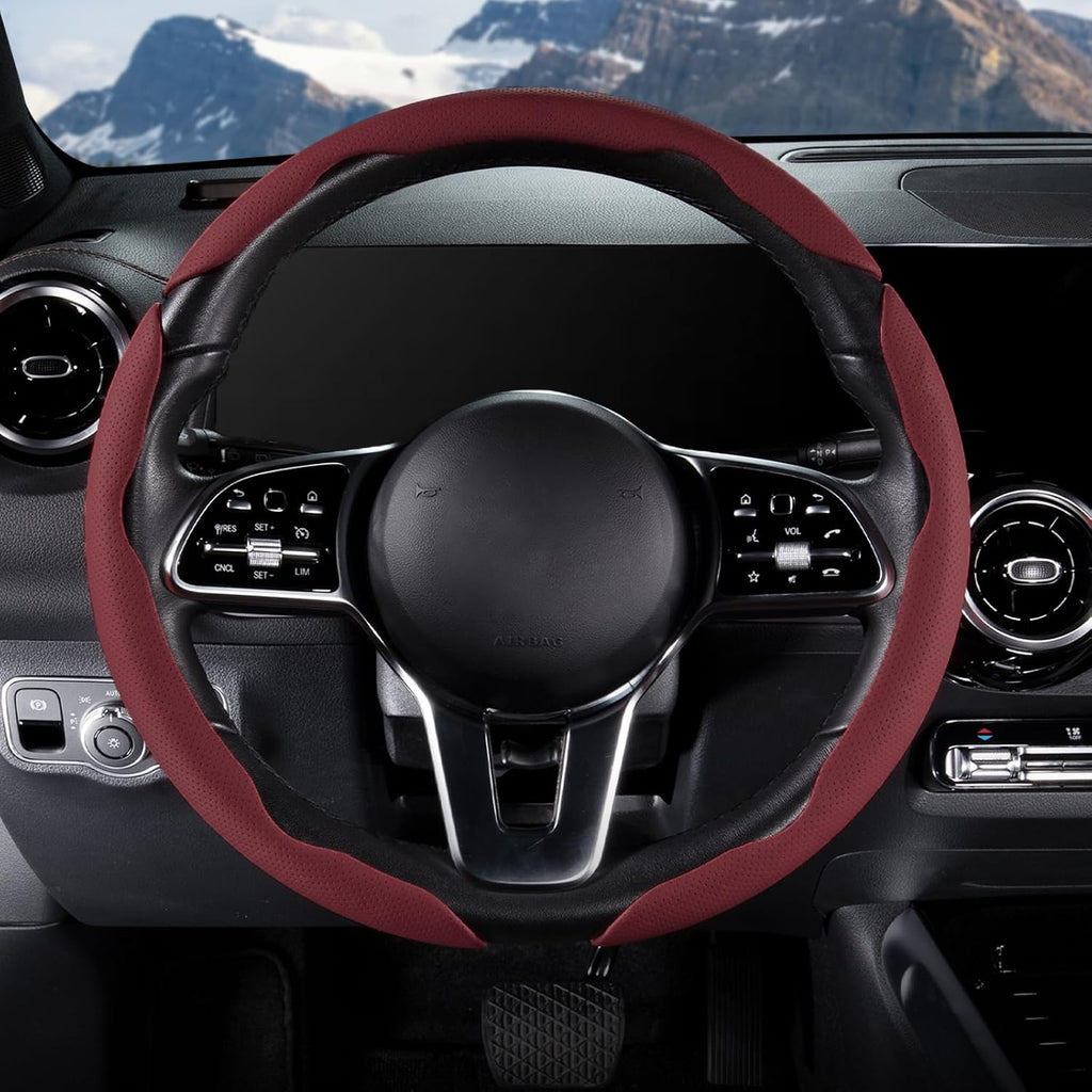 Funda de cuero para volante de automóvil con broche, juego de 3 piezas, protector antideslizante, envolvente, accesorios para volante de 14.5-15 pulgadas, universal, rojo vino