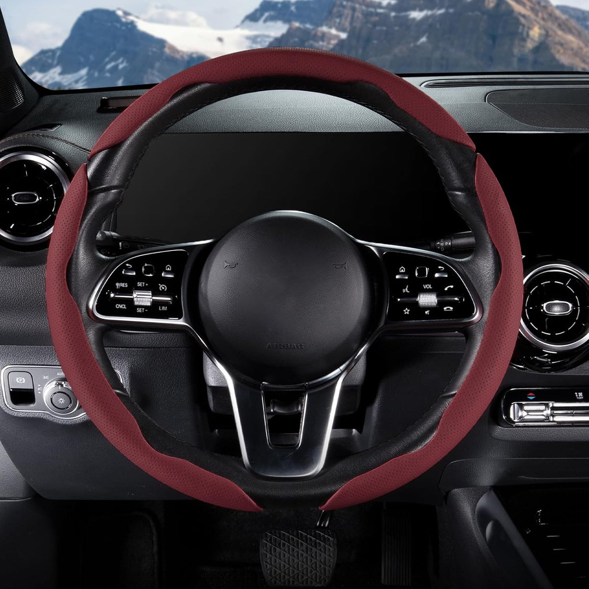 Funda de cuero para volante de automóvil con broche, juego de 3 piezas, protector antideslizante, envolvente, accesorios para volante de 14.5-15 pulgadas, universal, rojo vino