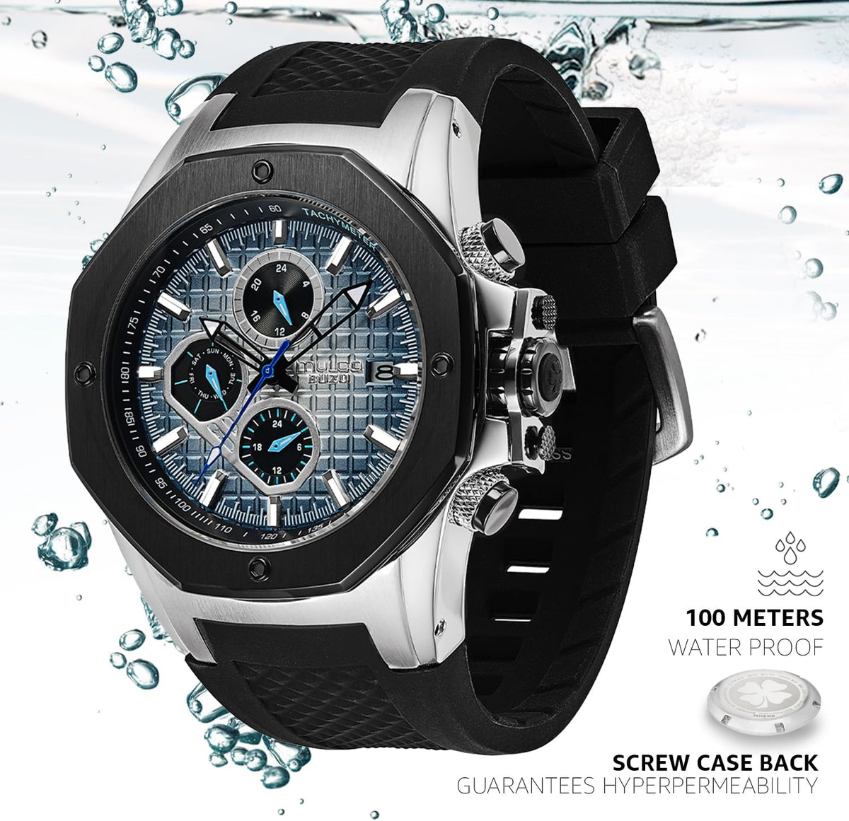 MULCO Buzo Tentacles Reloj para hombre – Caja de acero inoxidable con correa de silicona para muñeca, movimiento multifuncional de cuarzo, pantalla analógica de cara grande, resistente al agua 328.1