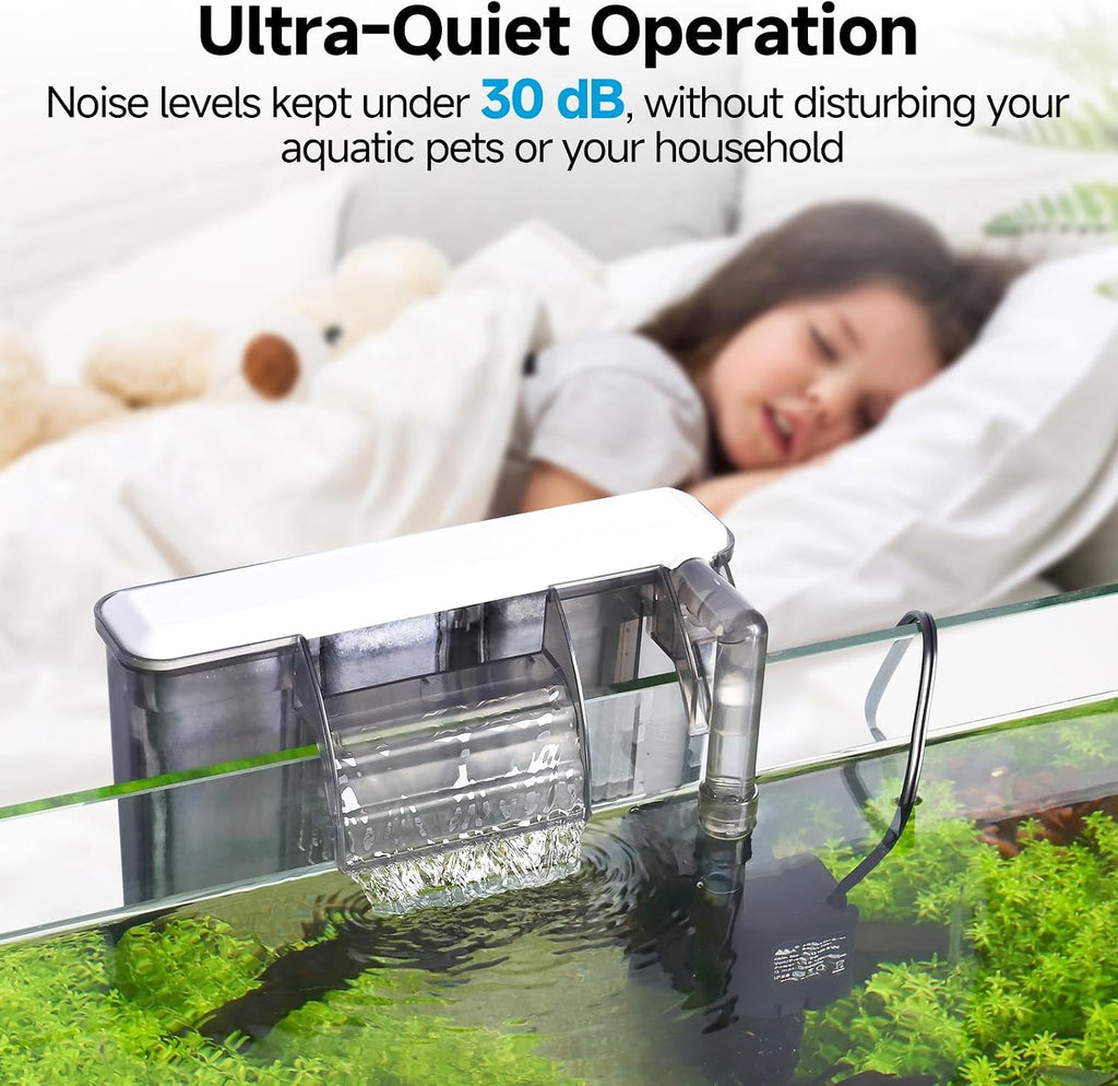 AQQA - Filtro silencioso para tanque de peces de 20-30 galones - Filtro de acuario colgante en la parte posterior con inicio automático, flujo ajustable de 6W/8W, sistema de filtro de desodorización y