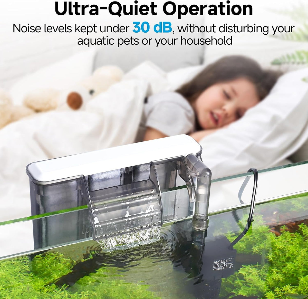 AQQA - Filtro silencioso para tanque de peces de 20-30 galones - Filtro de acuario colgante en la parte posterior con inicio automático, flujo ajustable de 6W/8W, sistema de filtro de desodorización y