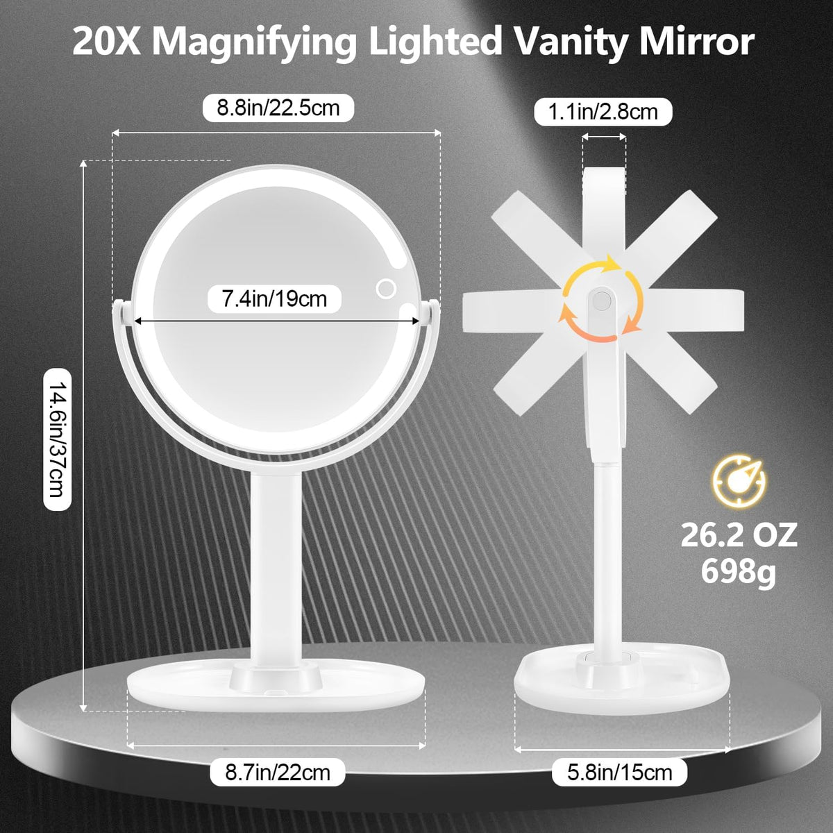 MIYADIVA Espejo de maquillaje con luces, espejo de aumento 20X con luz e interruptor táctil, espejo de tocador con luz de 3 colores y 80 LED, espejo con aumento iluminado de 2 lados de 8.8 pulgadas