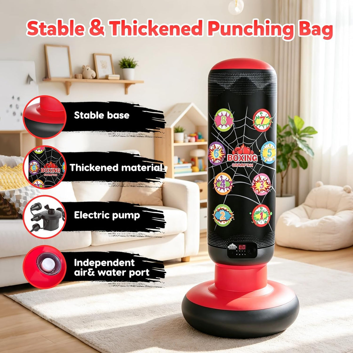 Saco Inflable de Boxeo para Niños, Saco de Boxeo de 63" con Bomba Eléctrica