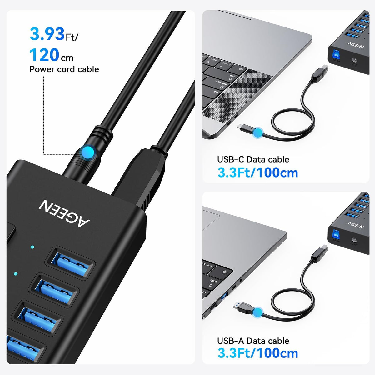AGEEN, MKI-1200800C8, hub USB 3.2 de 16 puertos, alimentado, adaptador 12V/8A