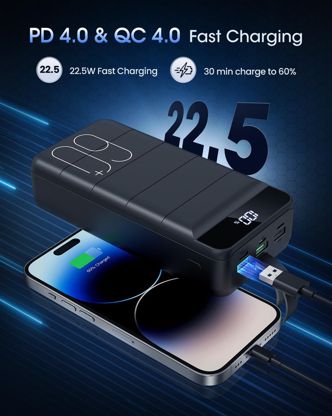 Cargador Portátil 60000mAh Banco de Energía - Carga Rápida 22.5W Pa...