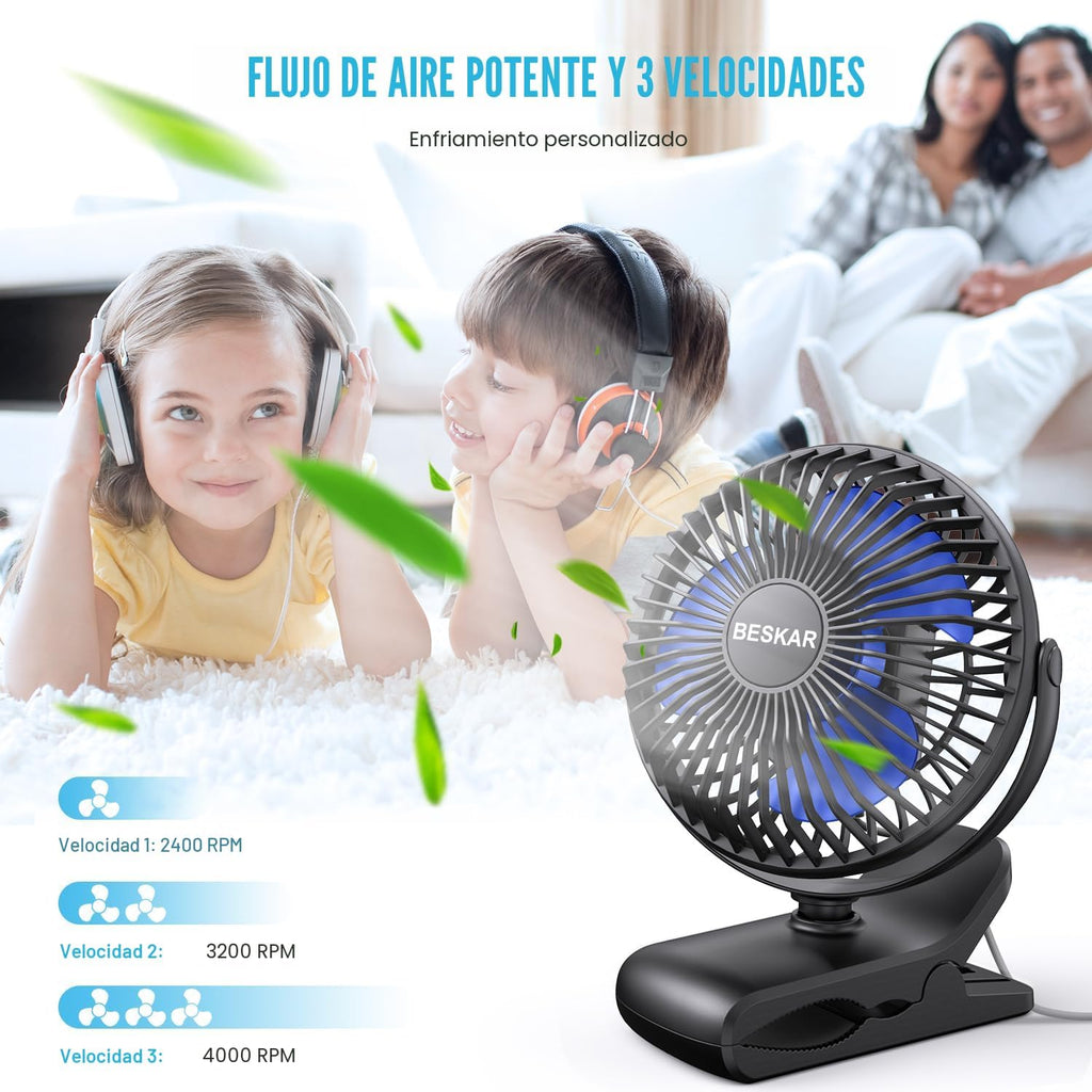 BESKAR Ventilador de clip alimentado por USB, ventilador portátil d...