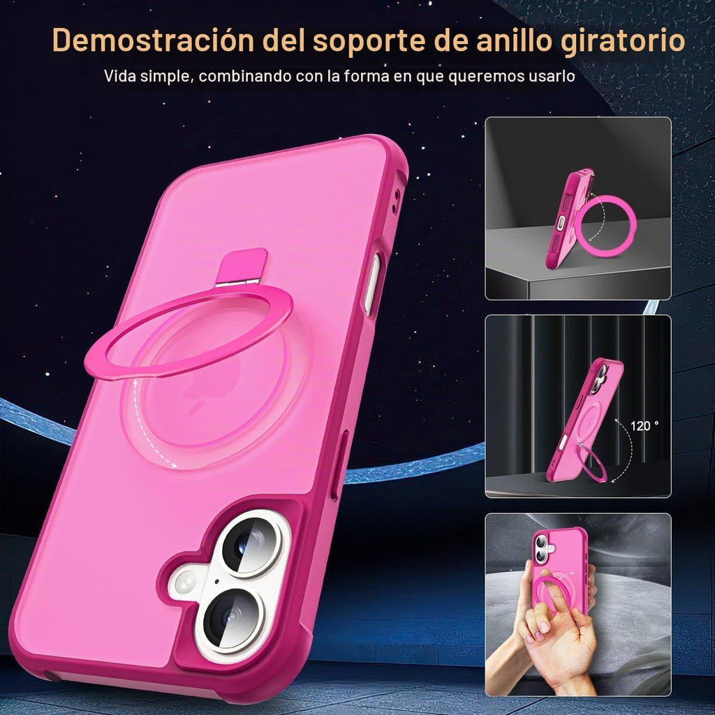 SKYLMW - Funda compatible con iPhone 16 con soporte magnético invisible tipo anillo, funda de grado militar para iPhone 16 de 6.1 pulgadas, compatible con MagSafe, gran sensación de agarre, rosa