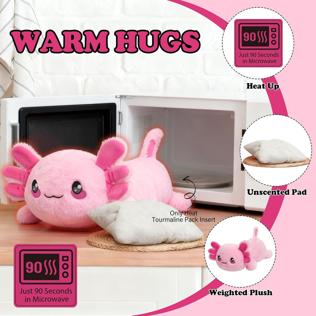 Animales de peluche con peso de ajolote calentado, 2.2 libras de felpa con peso de ajolote para microondas con bonita almohadilla térmica, animal de almohada cálida sin perfume para el período, mujeres, niñas, niños, adultos, regalo de cumpleaños de 16