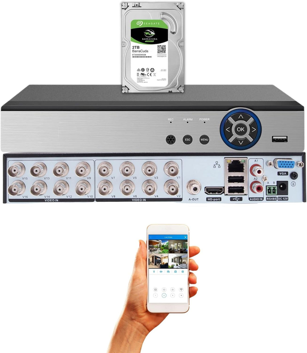 Evertech Grabador DVR H.265 de 16 canales con disco duro de 2 TB pr...