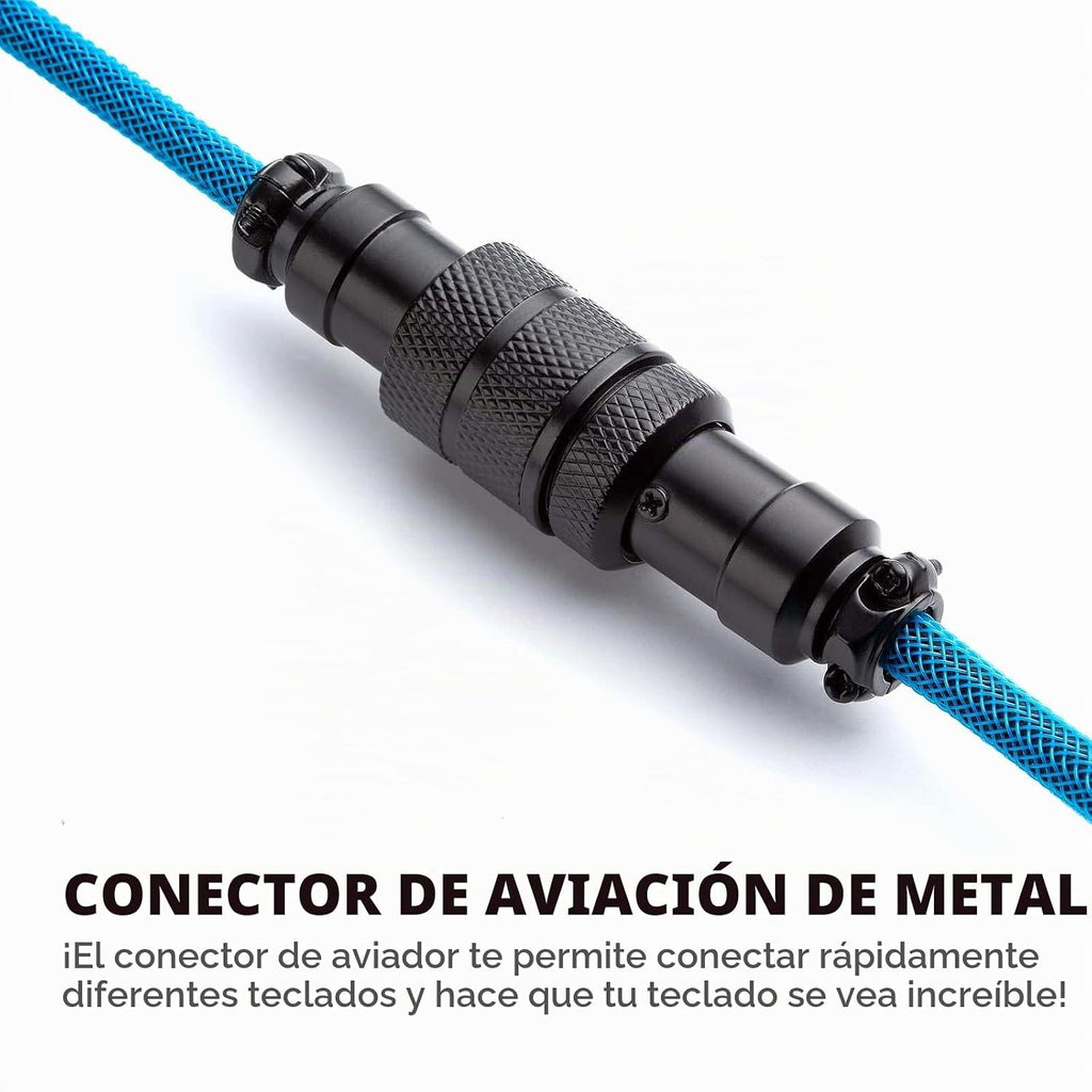 Pro Cable USB C en Espiral Personalizado para Teclado de Juegos, Cable de Teclado Mecánico de Doble Funda con Aviador Metálico Desmontable, 1.5M USB-C a USB-A, Color Azul