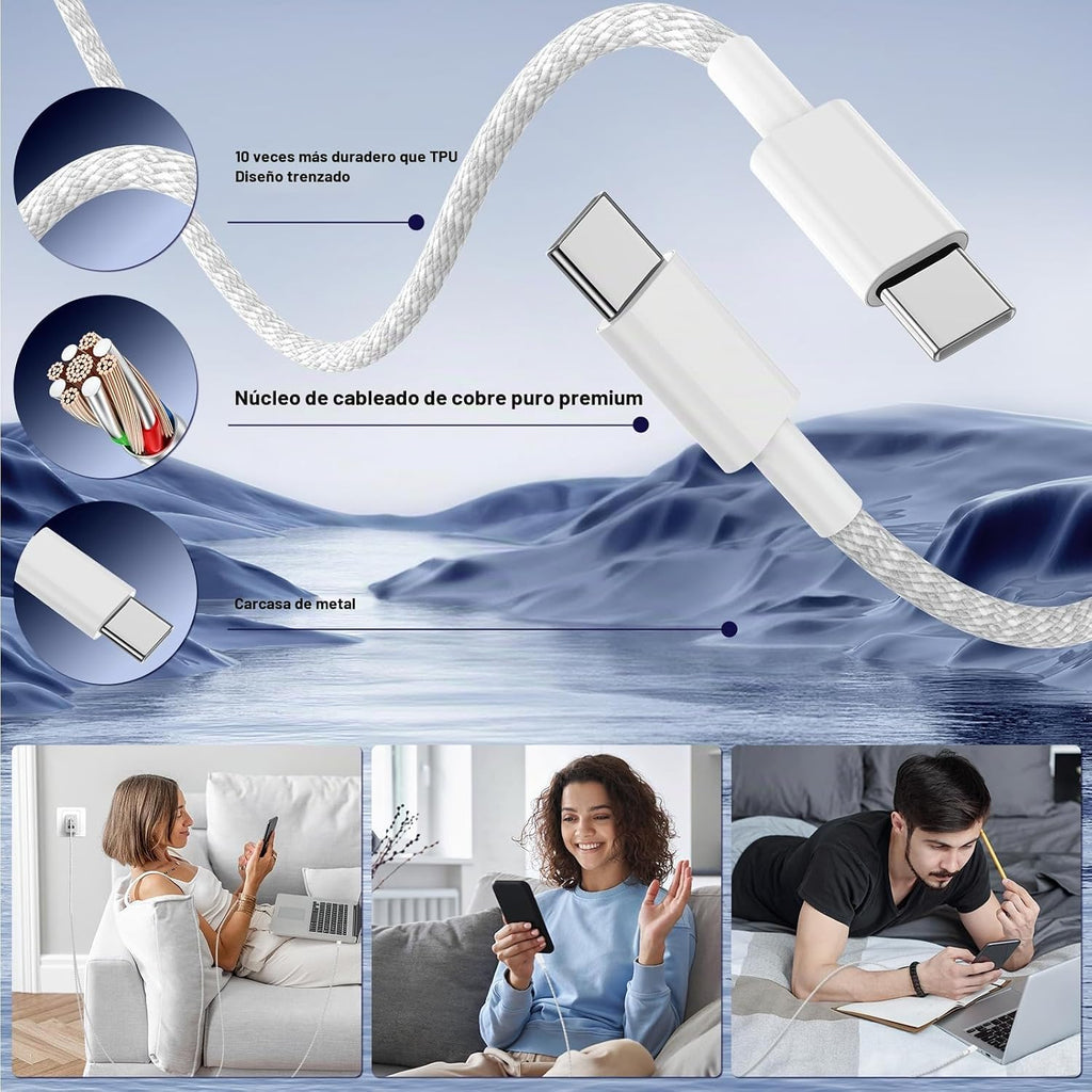 Carga rápida de 65 W para iPhone Duo 18 17 16 Pro Max, bloque de carga USB C de 3 puertos de 100 W y cable trenzado tipo C de 3/6/10/10 pies para iPhone 17 16 15 Pro/MacBook Air/iPhone 18 Pro/para