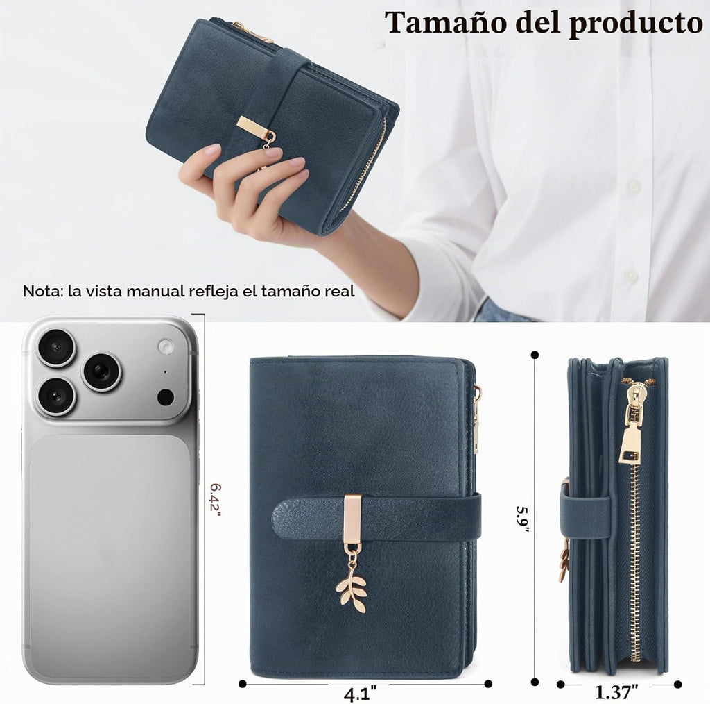 Cartera triple con bloqueo RFID para mujer, tarjetero de cuero PU