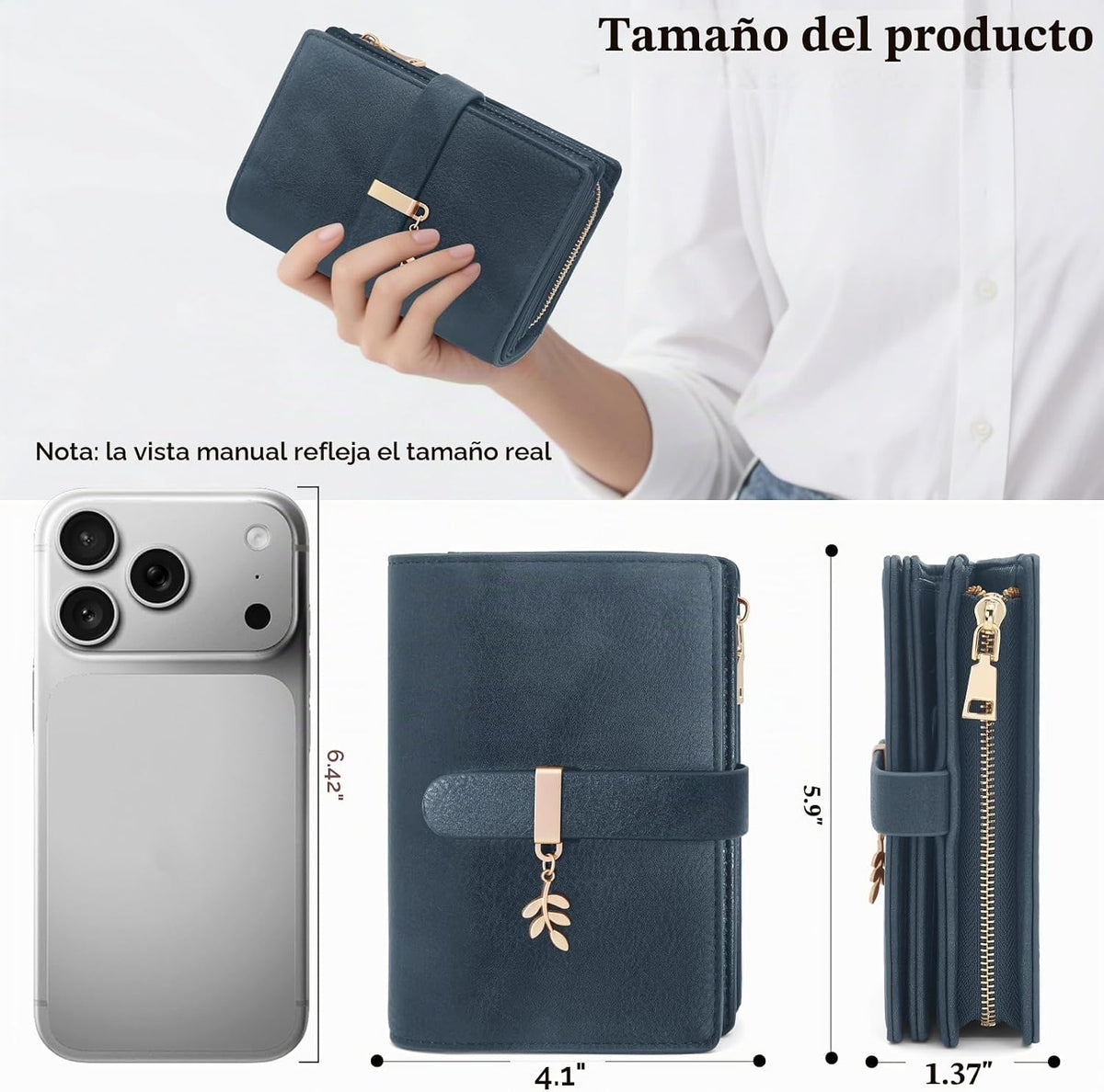 Cartera triple con bloqueo RFID para mujer, tarjetero de cuero PU