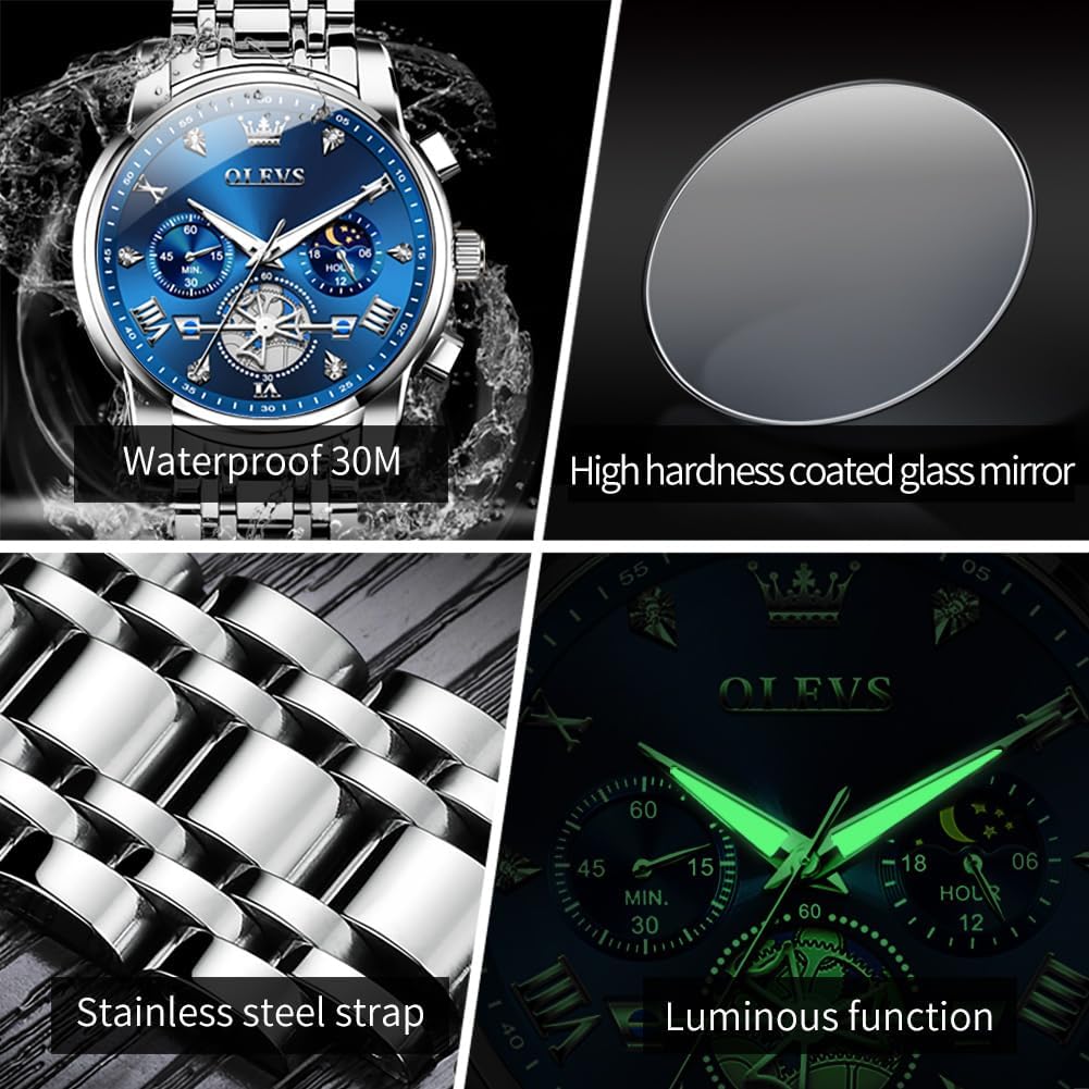 OLEVS Relojes para hombres Luxurious vestimenta acero inoxidable resistente al agua cronógrafo