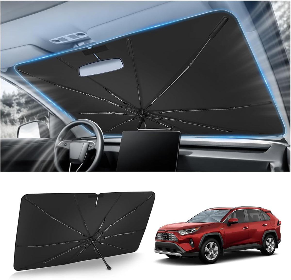 Autorder Parasol para parabrisas para Toyota RAV4 2019-2025 2026, material de cristal de hielo mejorado, paraguas de fácil instalación para parabrisas de automóvil, 100% bloqueo solar