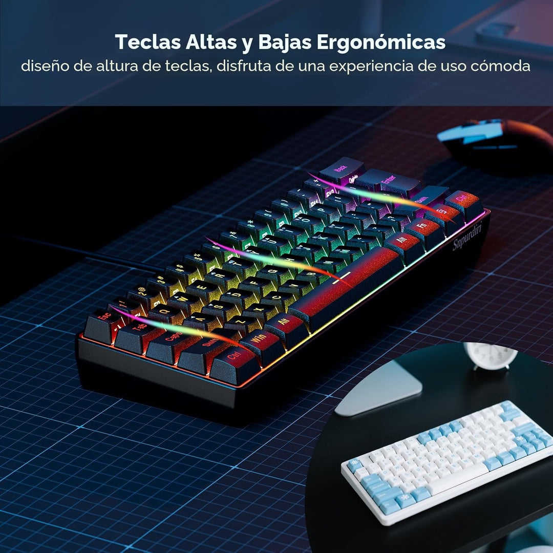 Snpurdiri Teclado para juegos 60% con cable, mini teclado ultracomp...