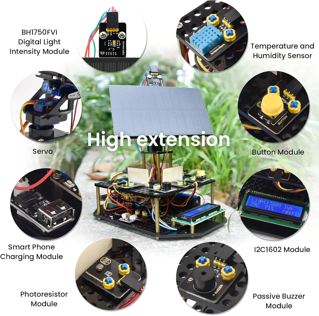 KEYESTUDIO Kit electrónico de seguimiento solar DIY para Arduino, carga de teléfono inteligente, sensor de temperatura y humedad, sensor de luz BH1750, kit de programación educativo para adolescentes