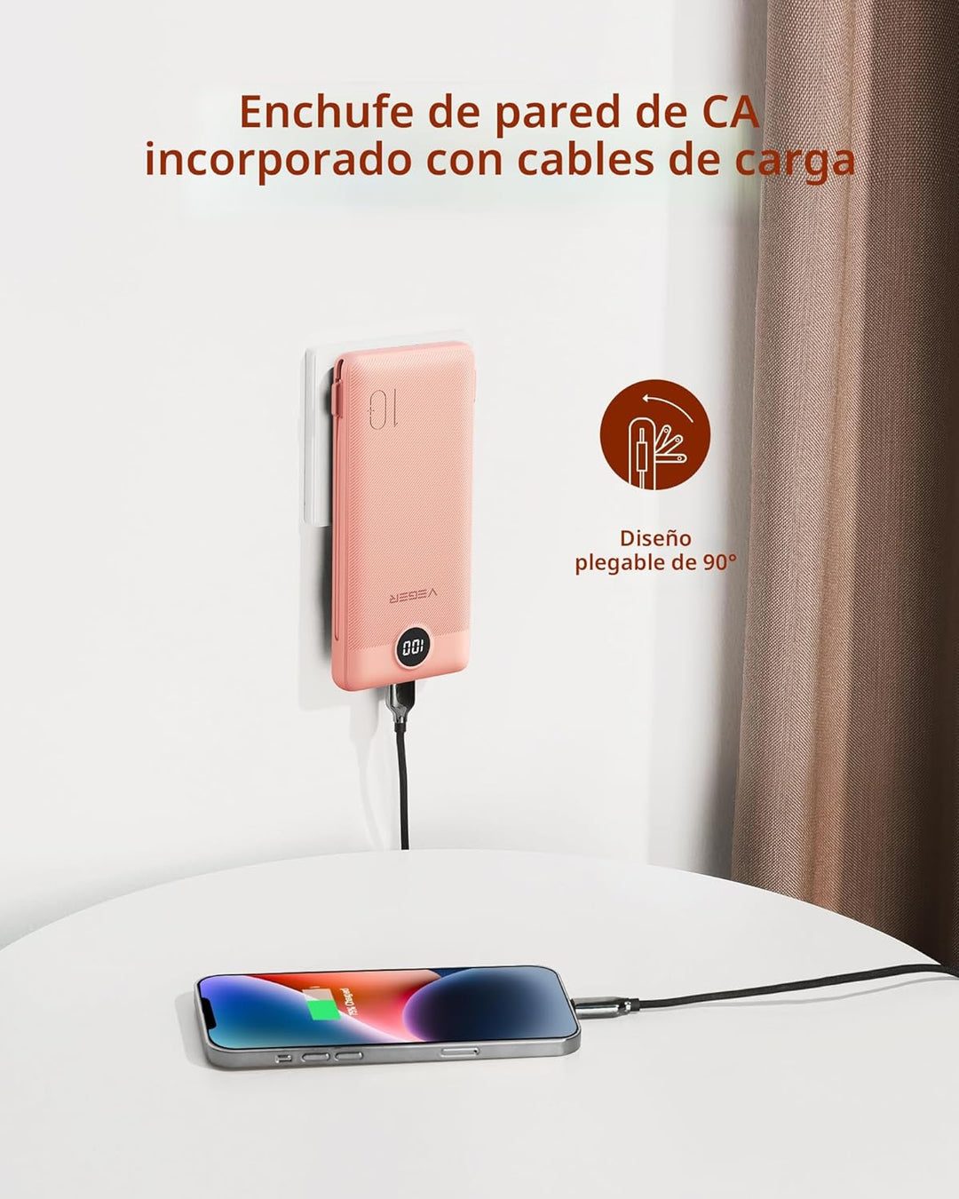 VEGER Cargador portátil para iPhone con cables incorporados y enchu...