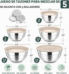 Herogo Juego de 5 Cuencos Anidados para Mezclar con Tapas, 3 Accesorios Ralladores, Khaki