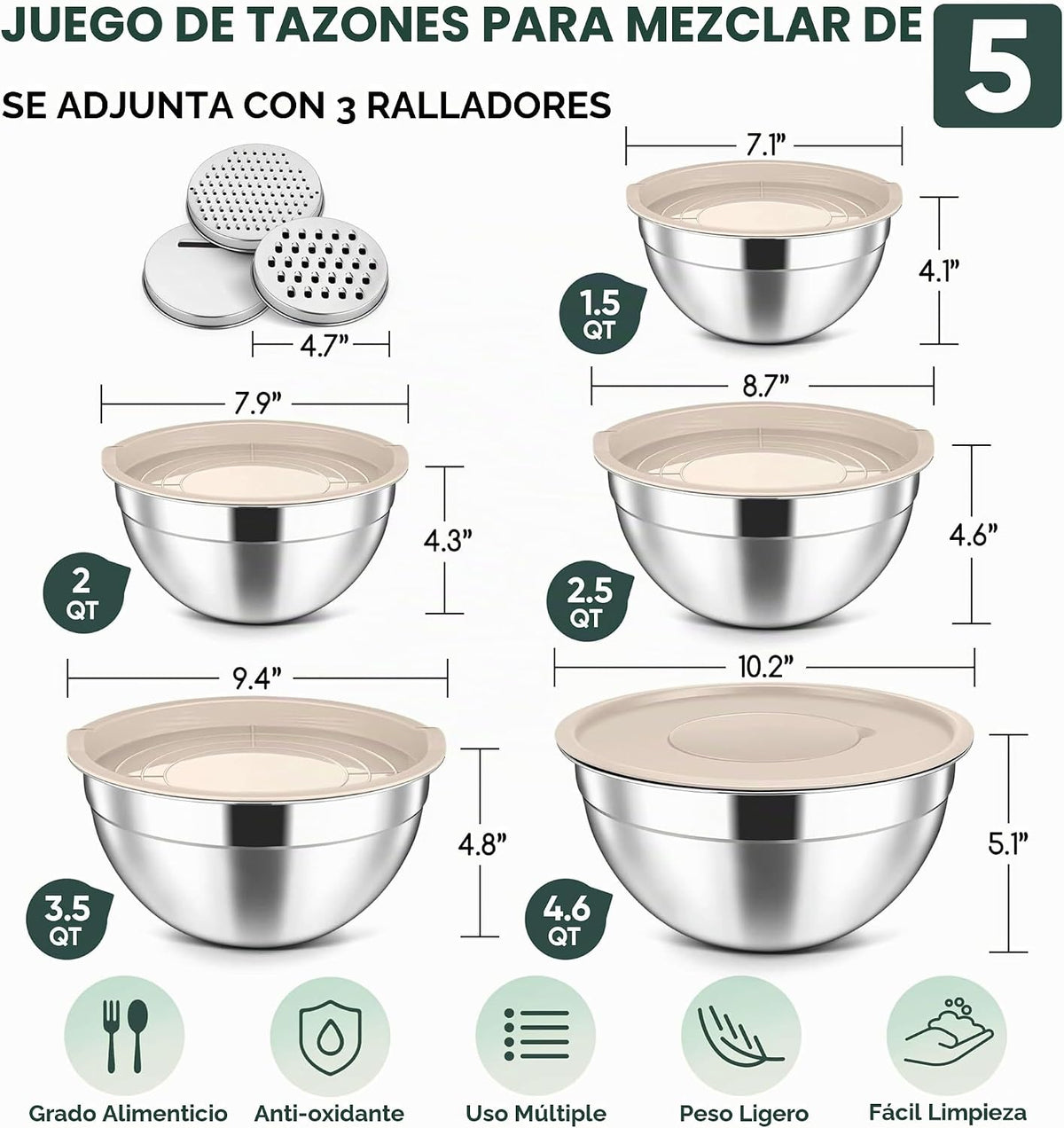 Herogo Juego de 5 Cuencos Anidados para Mezclar con Tapas, 3 Accesorios Ralladores, Khaki