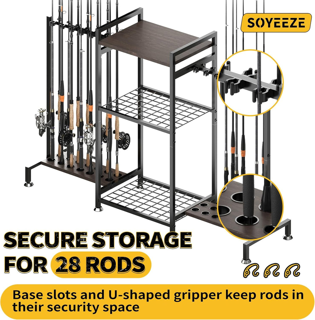 Soporte para caña de pescar para 28 cañas, soporte para caña de pescar para garaje, soporte vertical para caña de pescar de 3 lados para caja de aparejos, suministros de pesca, una exhibición de almacenamiento de equipo de pescado, regalo para hombre