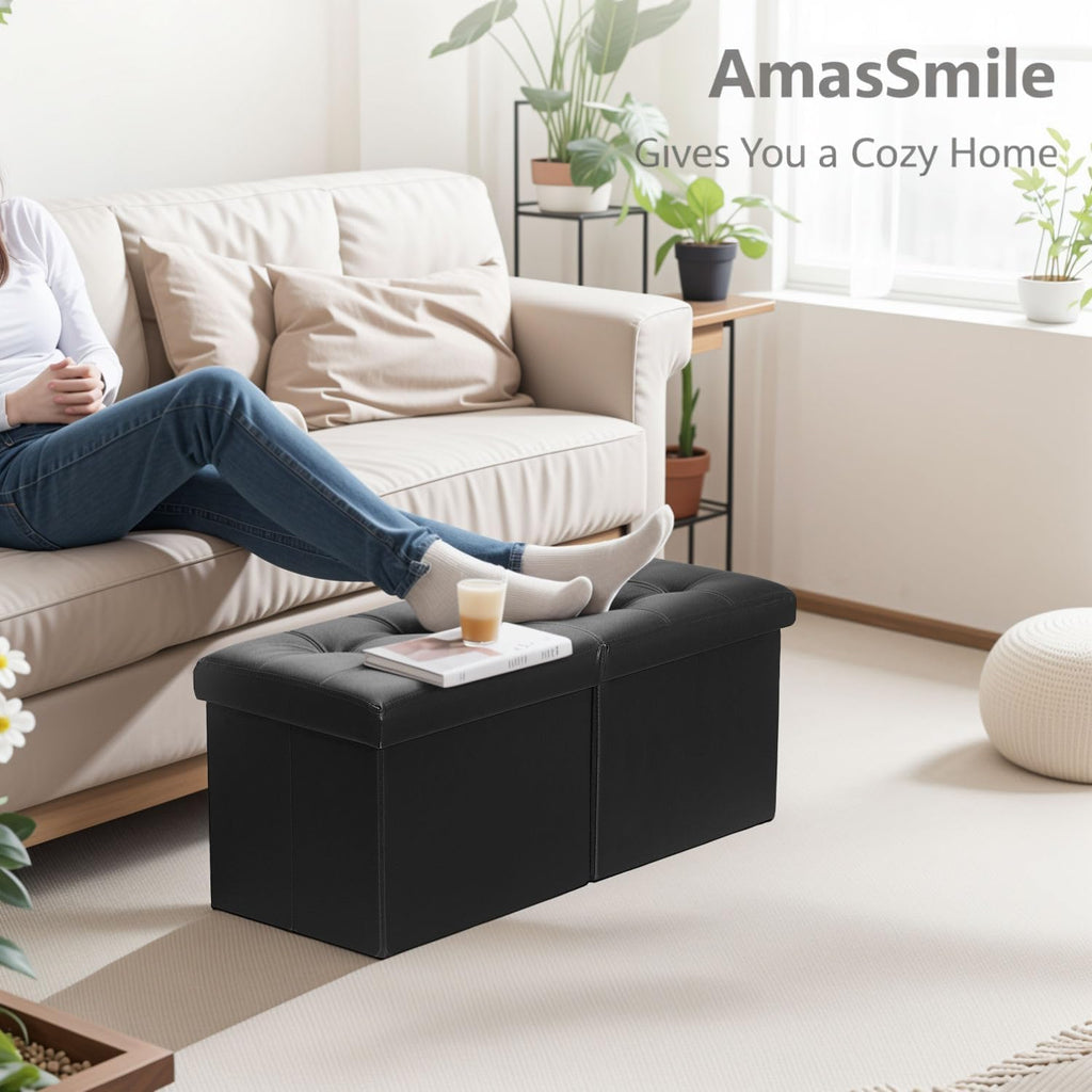 AmasSmile Reposapiés Otomano Banco con Almacenamiento, 34 Pulgadas Reposapiés de Cuero Negro, Mesa de Centro, Asiento Acolchado, Baúl de Almacenamiento, Almacén de Mantas con Tapa Abatible para Sala