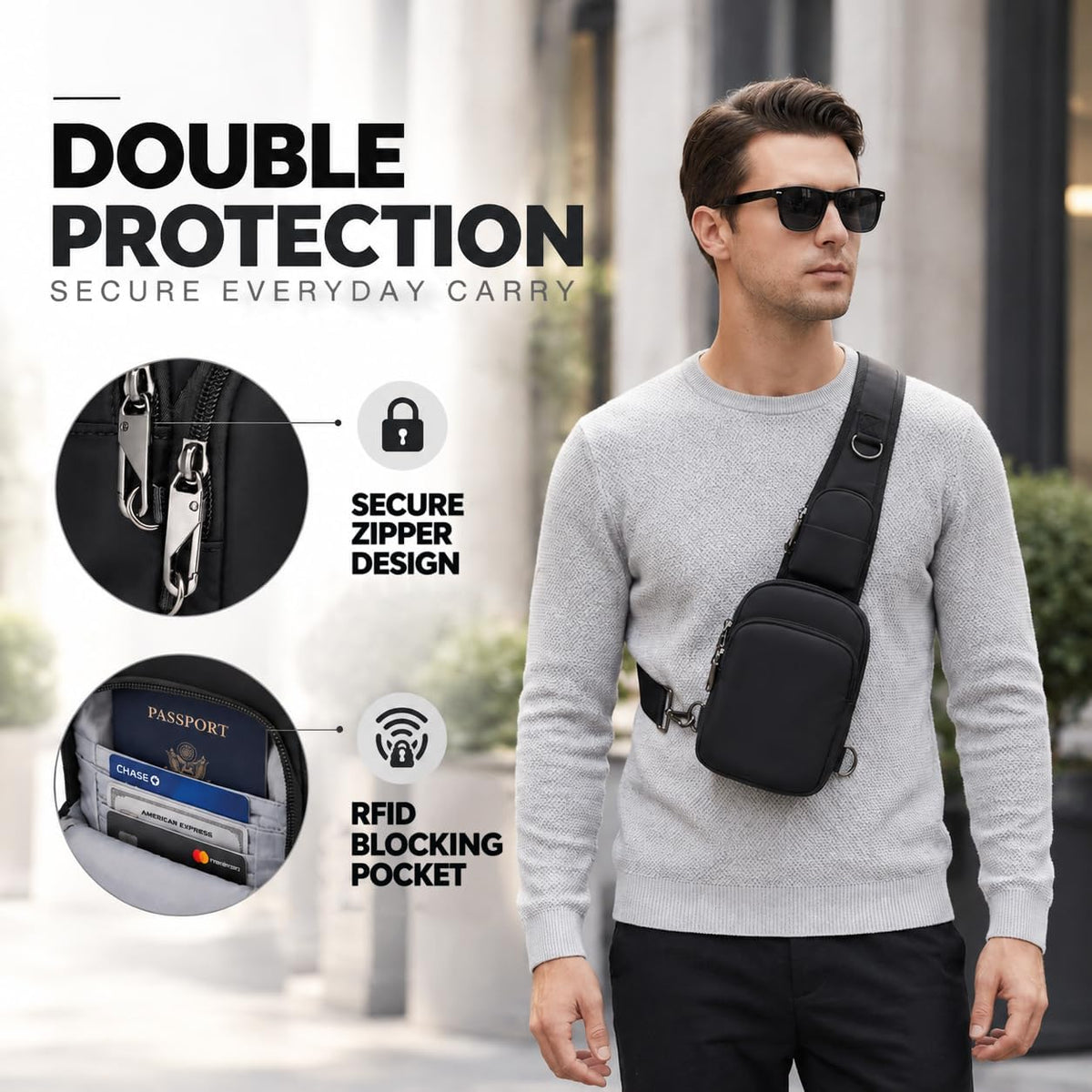 Bolso bandolera antirrobo, bandolera compacta con bloqueo RFID