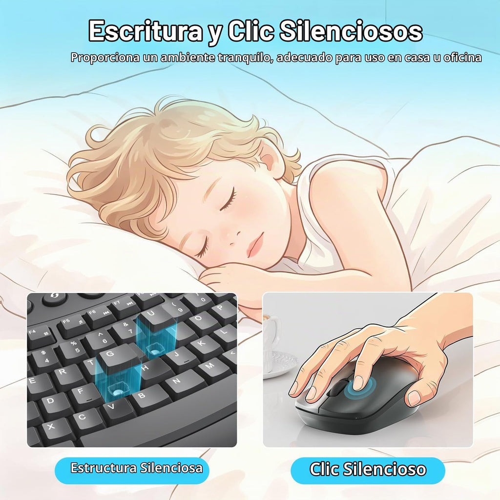 Teclado y Ratón Inalámbricos Combo, Teclas Curvadas Ergonómicas y Silenciosas (Gris Grafito)