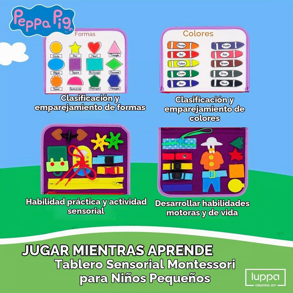 Peppa Pig Tablero Ocupado para Niños Pequeños – Juguetes Montessori para niños de 1, 2, 3, 4 años, Tablero Sensorial de Actividad Educativa para el Aprendizaje Preescolar de Habilidades Motoras Finas