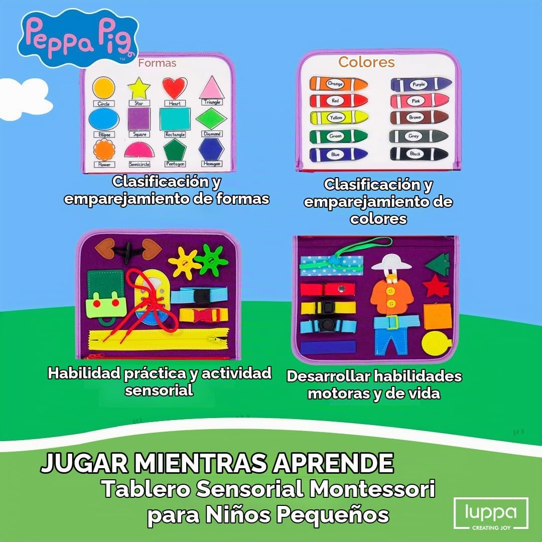 Peppa Pig Tablero Ocupado para Niños Pequeños – Juguetes Montessori para niños de 1, 2, 3, 4 años, Tablero Sensorial de Actividad Educativa para el Aprendizaje Preescolar de Habilidades Motoras Finas