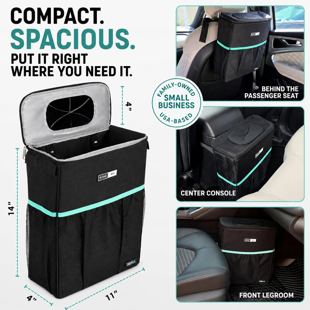 RoadBin - Cubo de basura para automóvil con tapa, delgado de 4 pulgadas y 2.5 galones, para asiento trasero, se mantiene vertical, a prueba de fugas y sellado de olores para camiones, SUV y camionetas