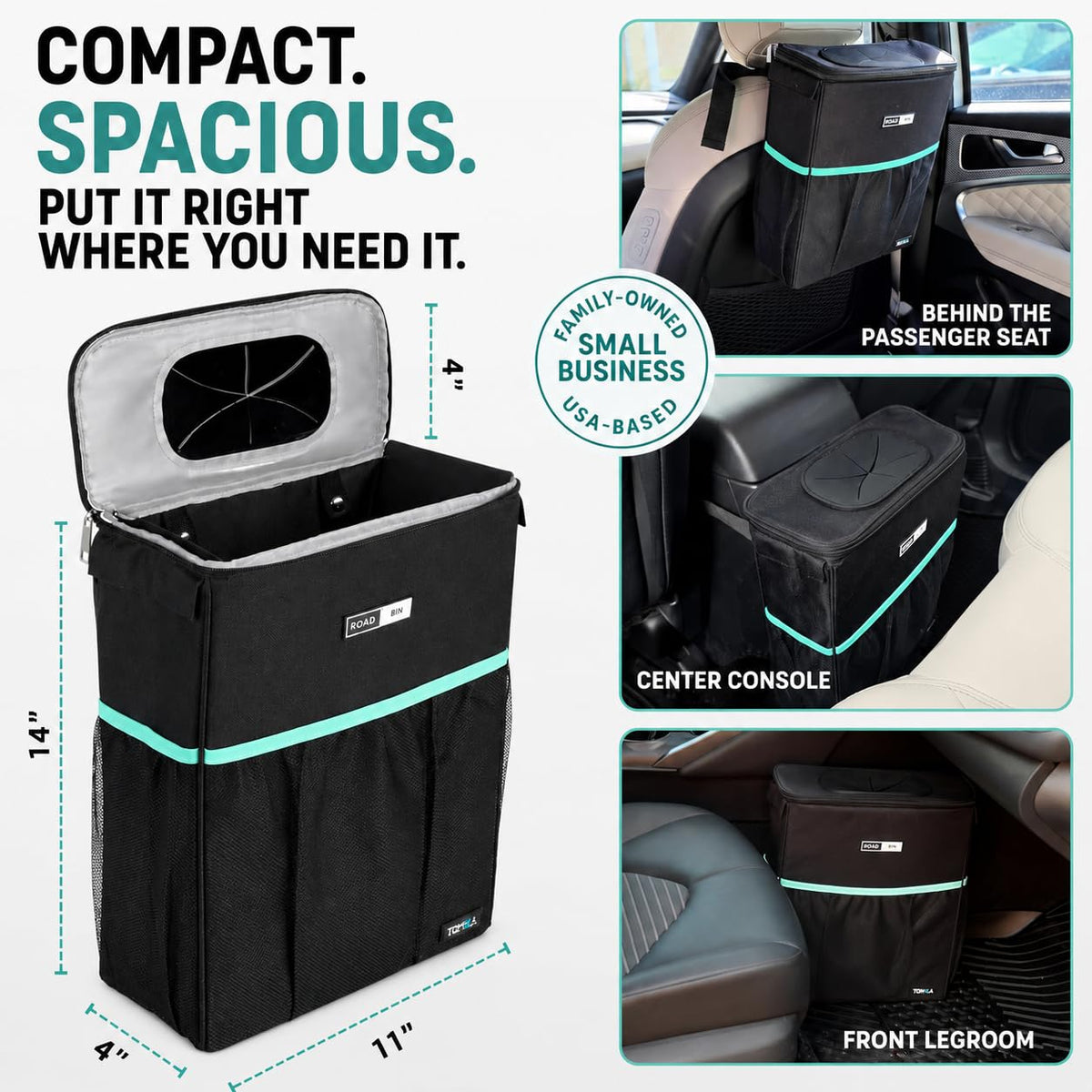 RoadBin - Cubo de basura para automóvil con tapa, delgado de 4 pulgadas y 2.5 galones, para asiento trasero, se mantiene vertical, a prueba de fugas y sellado de olores para camiones, SUV y camionetas