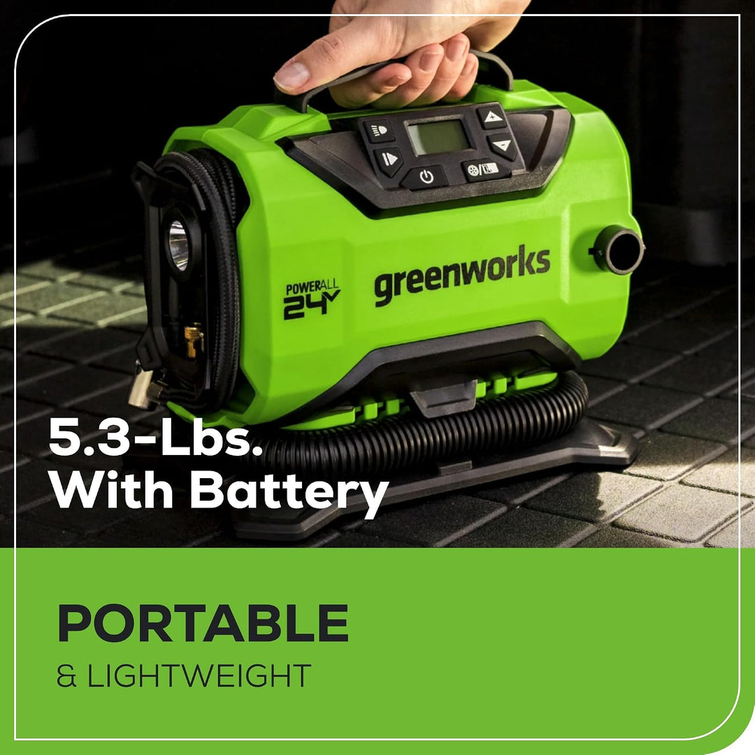 Greenworks Inflador de neumáticos inalámbrico de 24 V, compresor de...